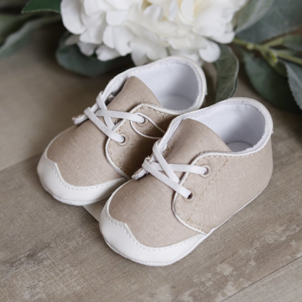 Baby Boy Linen Shoe Flax Beige Lace Up Soft Sole Boutique NWT in Box